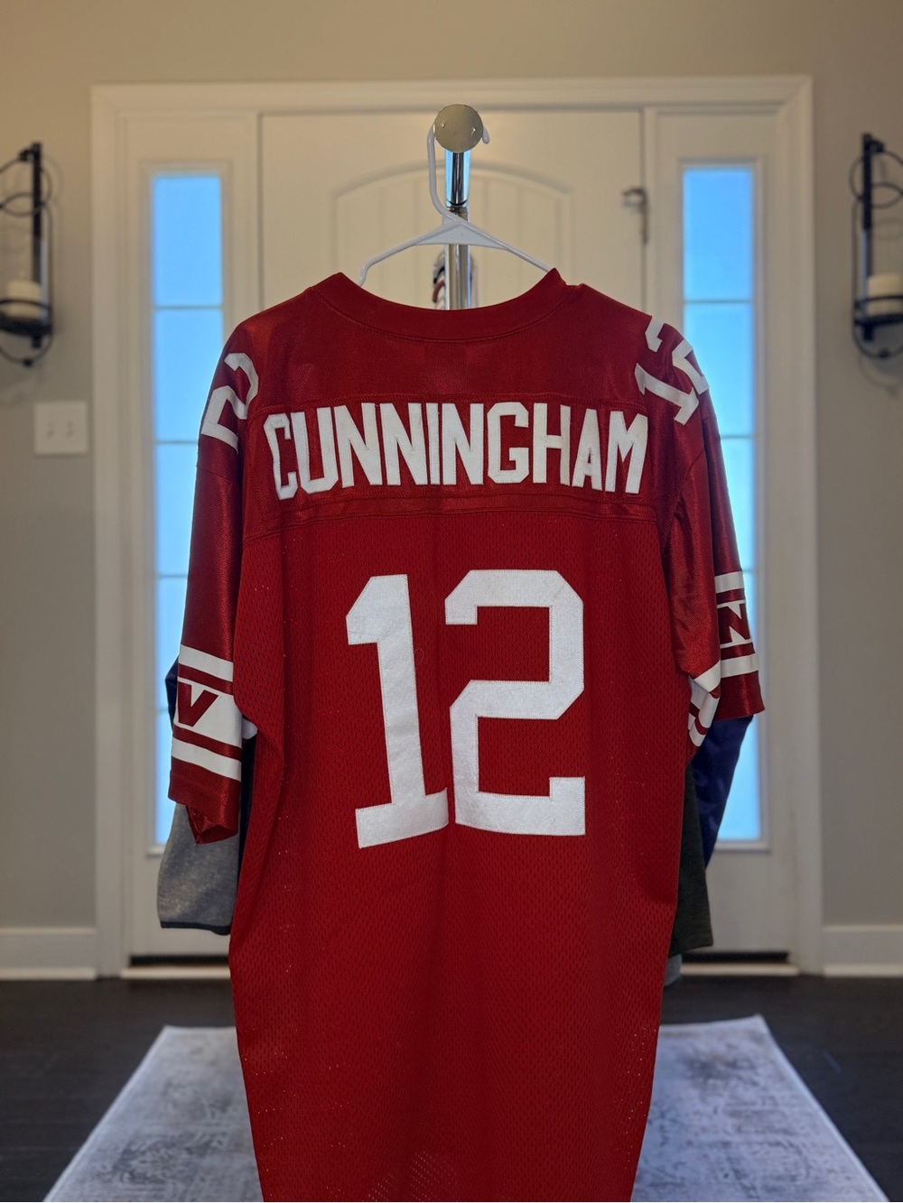 Varsity Red Cunningham 12 Jersey with White Numbers